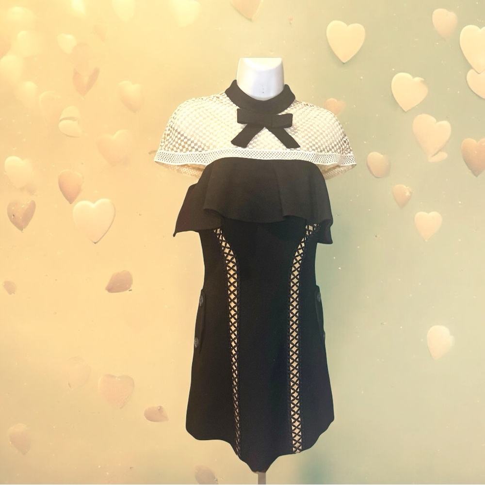 Self‑Portrait Black & White Mini Dress Bow Collar & Lace Insets